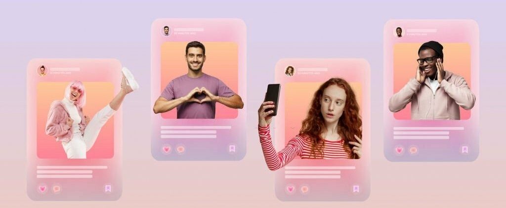 A group of diverse people smiling and looking at a smartphone screen.